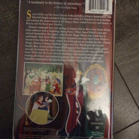 NEW! WALT DISNEY'S MASTERPIECE SNOW WHITE AND THE SEVEN DWARFS, VHS 1994 EDITION - Picture 2 of 3